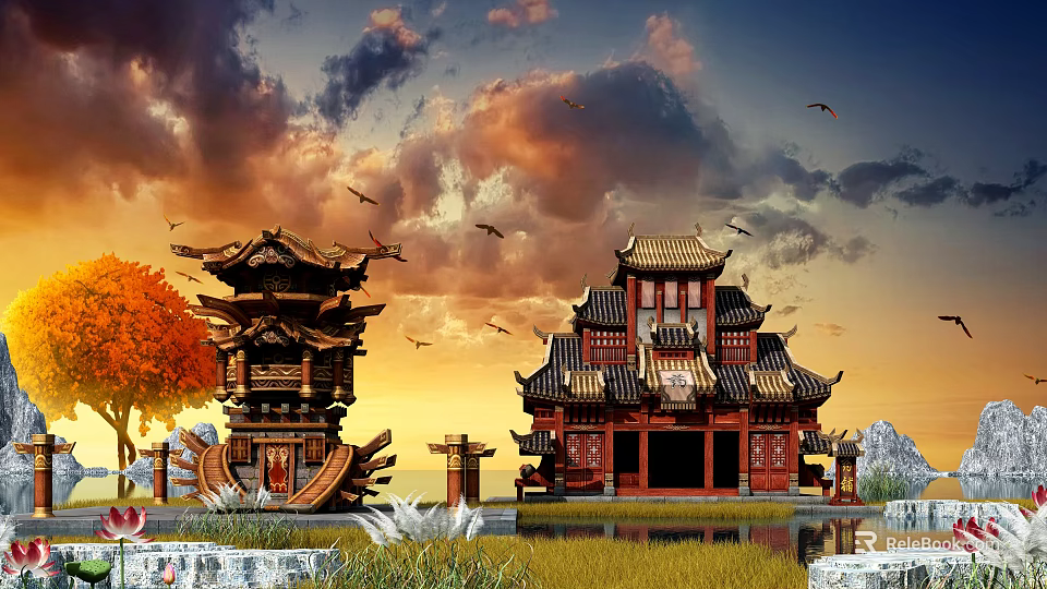 Cartoon Scene With Traditional Chinese Architecture Ancient Style Sunset Sky Flying Birds Trees And Water 3d model 
