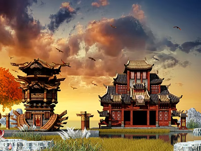 Cartoon Scene With Traditional Chinese Architecture Ancient Style Sunset Sky Flying Birds Trees And Water 3d model