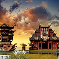 Cartoon Scene With Traditional Chinese Architecture Ancient Style Sunset Sky Flying Birds Trees And Water