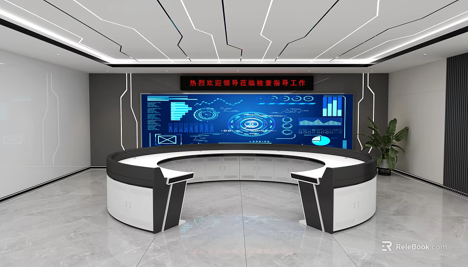 Modern Monitoring Room Interior With Large Digital Screen And Circular Console 3d model 