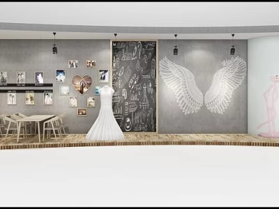 Elegant Wedding Dress Shop Interior With White Gown Wing Decorations And Photo Wall 3d model