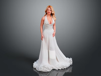 Elegant Woman Wearing White Long Dress With Deep V Neck And Fluffy Hem Against Grey Background 3d model