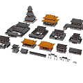 Ancient Architecture Models with Yellow Black Roofs Pagoda and Courtyard in Classic Chinese Style