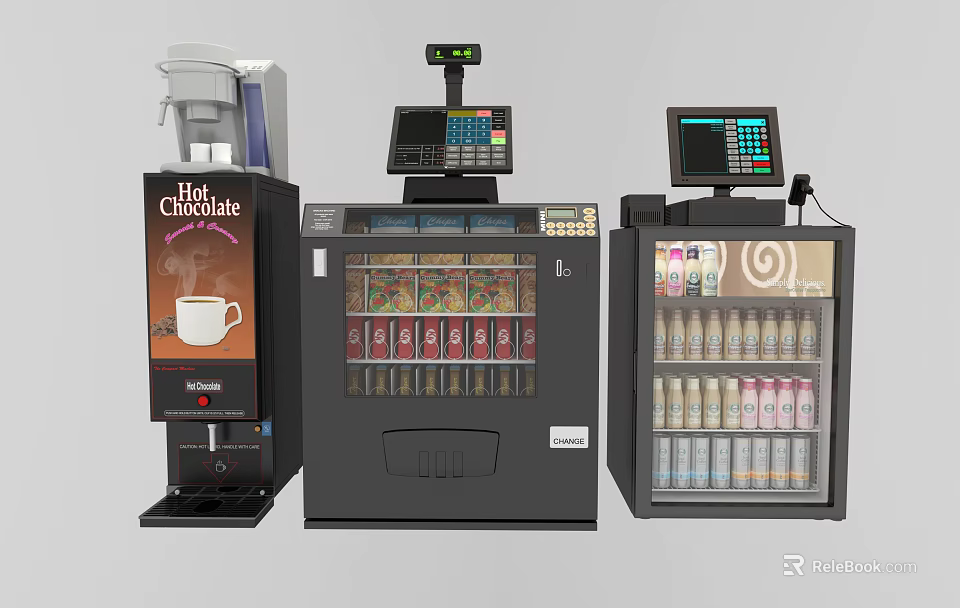 Commercial Equipment With Hot Chocolate Machine Cash Register And Vending Machine For Beverages 3d model 