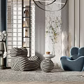 Stylish Casual Sofa Set With Black White Striped And Blue Single Sofas Round Side Table 3d model