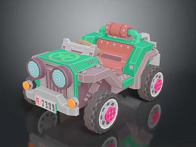 Green Cartoon Toy Car With Large Wheels Pink Rims And Rolled Cargo On Roof 3d model