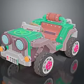 Green Cartoon Toy Car With Large Wheels Pink Rims And Rolled Cargo On Roof