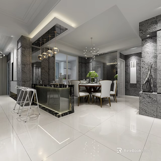 Modern Restaurant Interior With Marble Walls Chandeliers Dining Table Green Plants And Bar Stools 3d model 