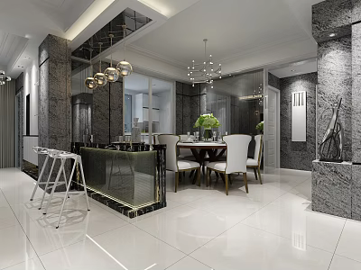 Modern Restaurant Interior With Marble Walls Chandeliers Dining Table Green Plants And Bar Stools 3d model