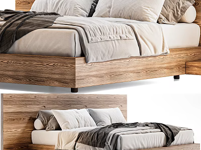 Modern Wooden Double Bed With Neutral Linen Bedding Soft Pillows And Cozy Blanket 3d model