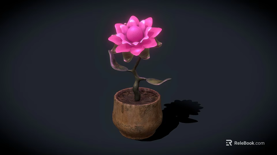 Blooming Pink Lotus Flower Planted in Brown Clay Pot with Dark Background 3d model 