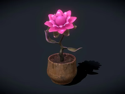 Blooming Pink Lotus Flower Planted in Brown Clay Pot with Dark Background 3d model