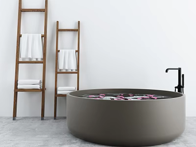 Round Grey Bathtub with Petals and Wooden Ladders in Minimalist Bathroom 3d model