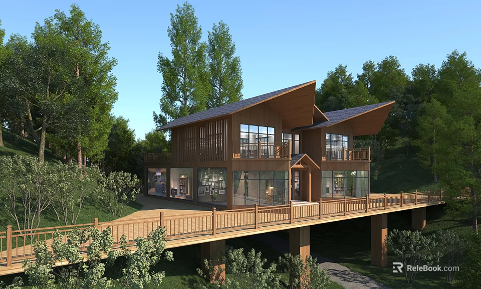 Scenic Wooden House Surrounded by Trees with Large Windows and Wooden Deck 3d model 