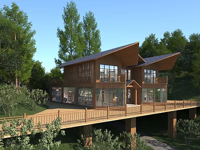 Scenic Wooden House Surrounded by Trees with Large Windows and Wooden Deck 3d model