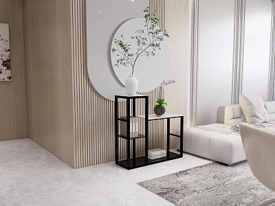 Beige Sectional Sofa In Modern Living Room With Round Mirror Green Plant And White Rug 3d model