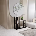 Beige Sectional Sofa In Modern Living Room With Round Mirror Green Plant And White Rug