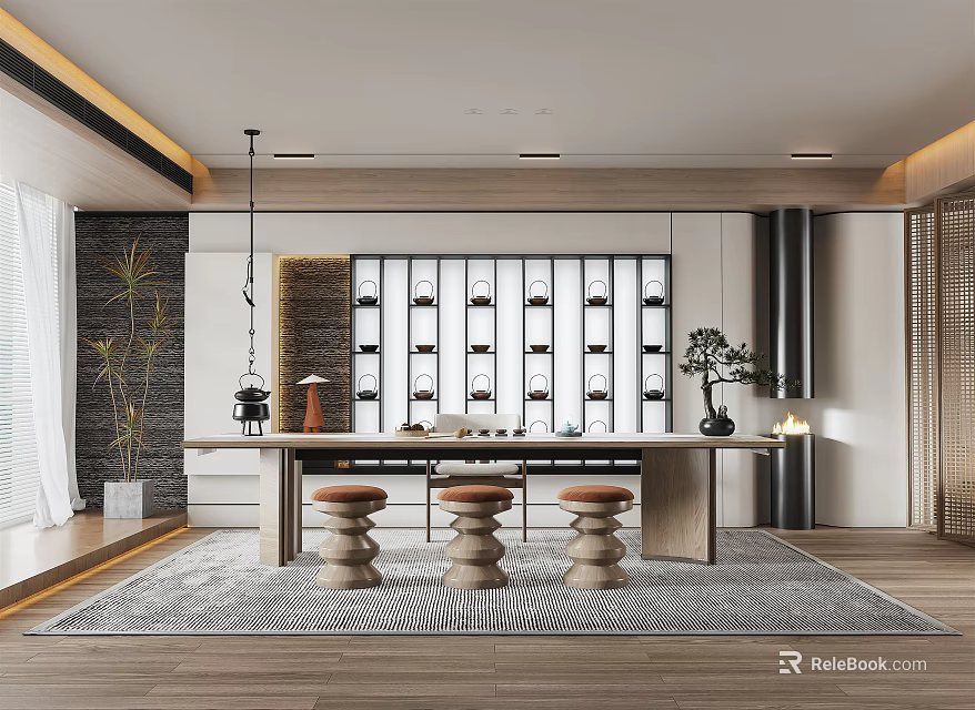 Serene Modern Tea Room Interior With Wooden Table Round Stools And Tea Shelves 3d model 