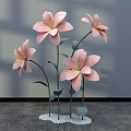 Pink Paper Floral Installation With Green Stems Leaves And White Base For Interior Decor