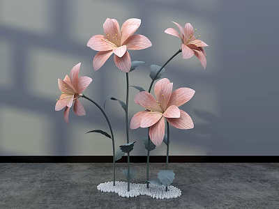 Pink Paper Floral Installation With Green Stems Leaves And White Base For Interior Decor 3d model
