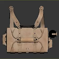 Tan Genuine Leather Case With Top Handle Adjustable Straps Metal Buckles And Attached Pouch