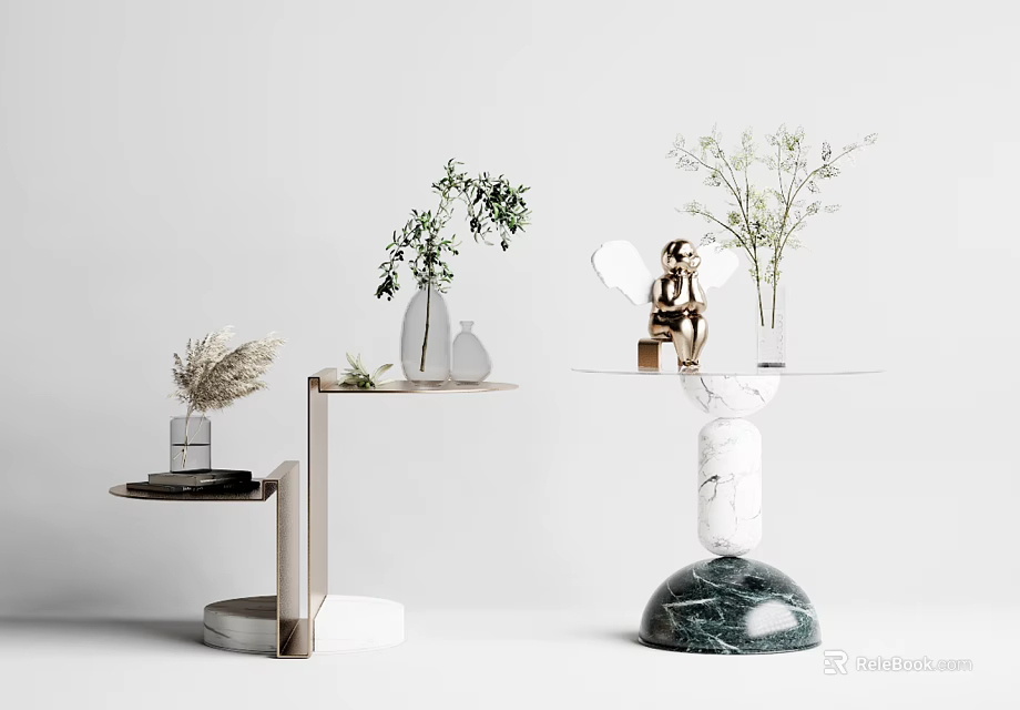 Modern Side Tables Featuring Marble Bases Metal Accents Vases Plants and Statue 3d model 