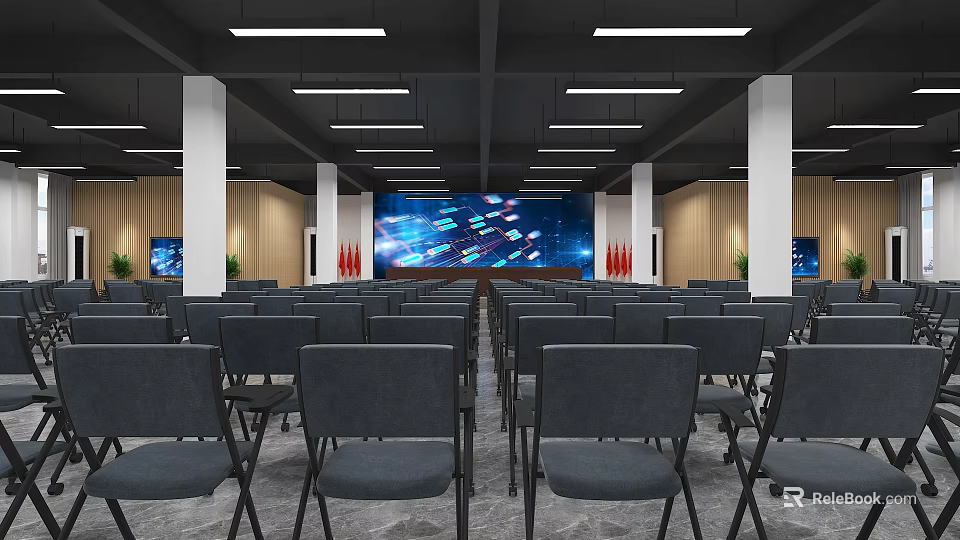 Conference Room With Neatly Arranged Gray Folding Chairs Large Screen And Wooden Walls 3d model 