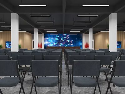 Conference Room With Neatly Arranged Gray Folding Chairs Large Screen And Wooden Walls 3d model