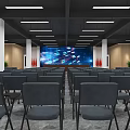 Conference Room With Neatly Arranged Gray Folding Chairs Large Screen And Wooden Walls