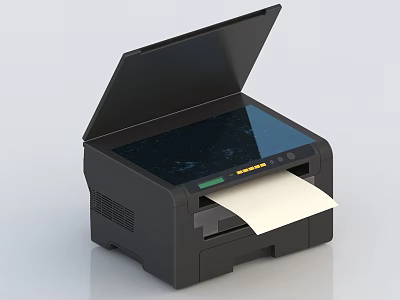Modern Black Office Printer With Open Lid And Printing Paper 3d model