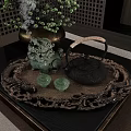 Elegant Decorative Ornament Set With Dragon Figurine Black Teapot And Green Teacups On Carved Tray