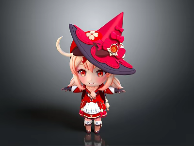 Little Girl In Red Witch Hat With Flower Decoration Blonde Hair Red Eyes Cartoon Style 3d model