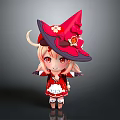 Little Girl In Red Witch Hat With Flower Decoration Blonde Hair Red Eyes Cartoon Style