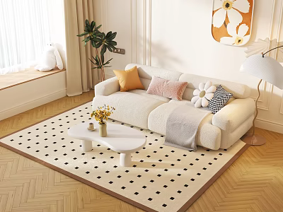 Cozy Sectional Sofa with Colorful Throw Pillows White Coffee Table Green Plant and Decorative Painting 3d model