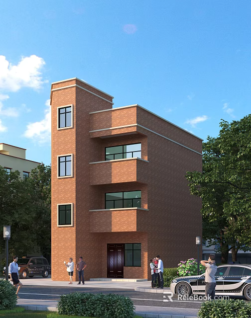 Three Story Red Brick Detached Villa Exterior Design With Balconies Windows And Trees 3d model 
