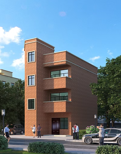 Three Story Red Brick Detached Villa Exterior Design With Balconies Windows And Trees 3d model