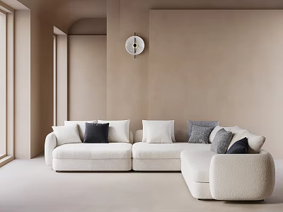 Modern Minimalist L Shaped White Sofa Set With Colorful Cushions Beige Walls And Wall Lamp 3d model