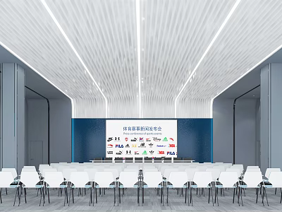 Modern Conference Room Interior With White Chairs Large Screen And Displayed Logos 3d model