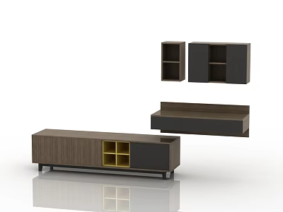 Modern Walnut Wooden TV Stand With Storage Drawers Open Shelves And Wall Cabinets 3d model