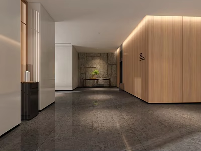 Modern Office Corridor Interior Design With Wooden Accent Walls Glossy Marble Floor And Ambient Lighting 3d model