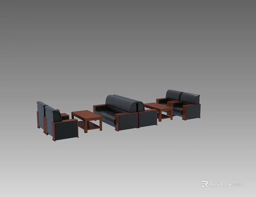 Modern Black Booth Sofa Set With Wooden Coffee Tables In Living Room 3d model 