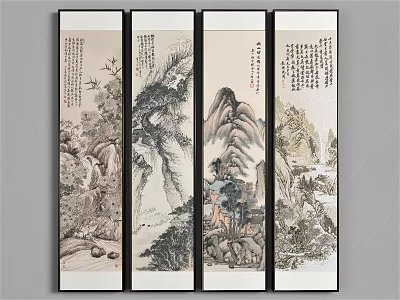 Traditional Chinese Landscape Scroll Paintings With Calligraphy Art Four Panels 3d model