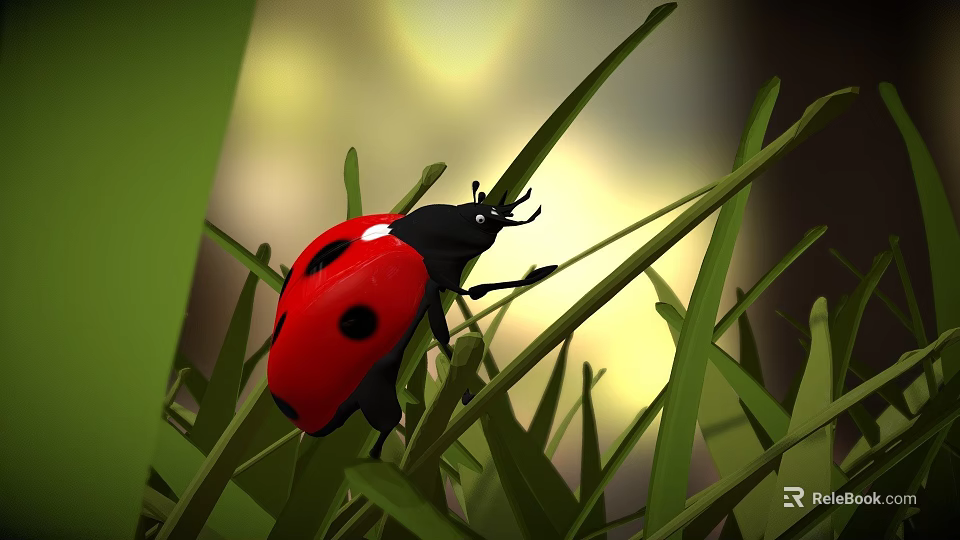 Red and Black Ladybug Crawling on Green Grass Blades in Natural Outdoor Setting 3d model 