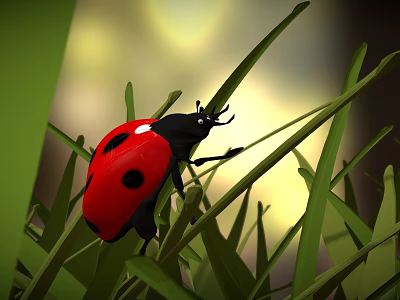 Red and Black Ladybug Crawling on Green Grass Blades in Natural Outdoor Setting 3d model