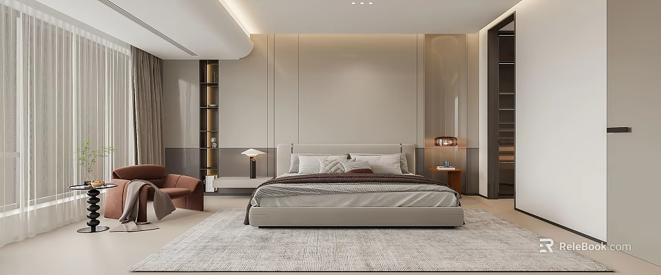 Modern Minimalist Bedroom Interior Design With King Size Bed Nightstand Lamps And Soft Rug 3d model 