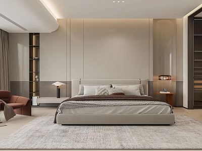 Modern Minimalist Bedroom Interior Design With King Size Bed Nightstand Lamps And Soft Rug 3d model