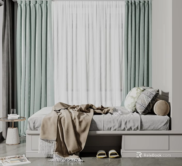 Cozy Bedroom Interior With Gray Bed Frame Blanket Pillows And Green White Curtains 3d model 