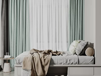 Cozy Bedroom Interior With Gray Bed Frame Blanket Pillows And Green White Curtains 3d model