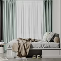 Cozy Bedroom Interior With Gray Bed Frame Blanket Pillows And Green White Curtains