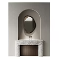 Modern Bathroom Vanity With Stone Countertop And Oval Mirror In Arched Niche Design